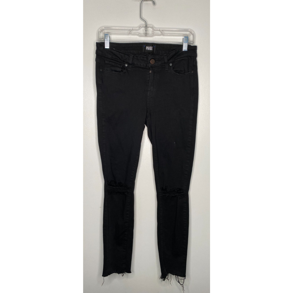 PAIGE Verdugo Ankle Black Jeans with Ripped Knees & Frayed Hem Size 29